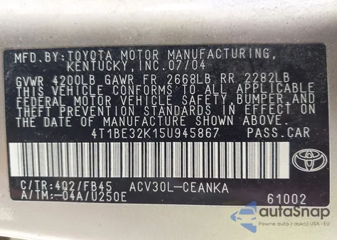 2005 Toyota Camry Le from USA, damaged, VIN 4T1BE32K15U945867